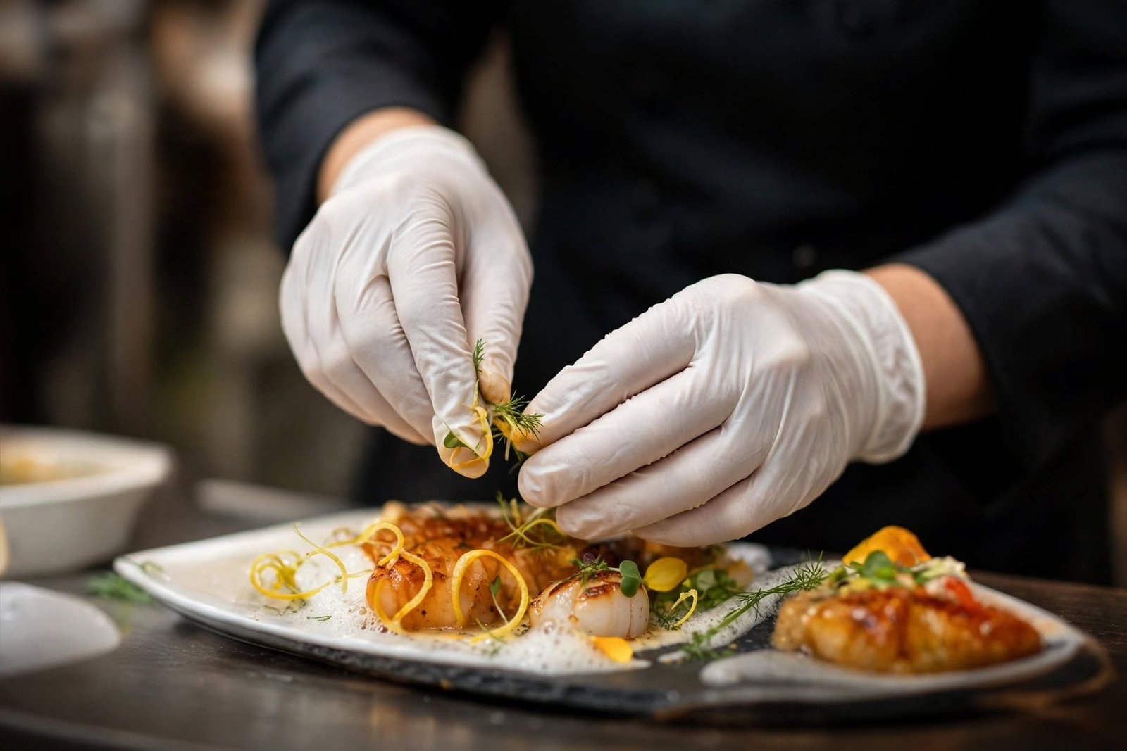 Chef garnishing a plated dish
