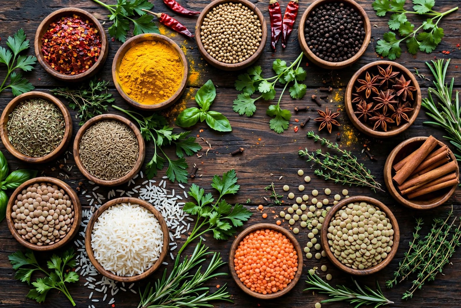 Flat lay of assorted spices and herbs in bowls