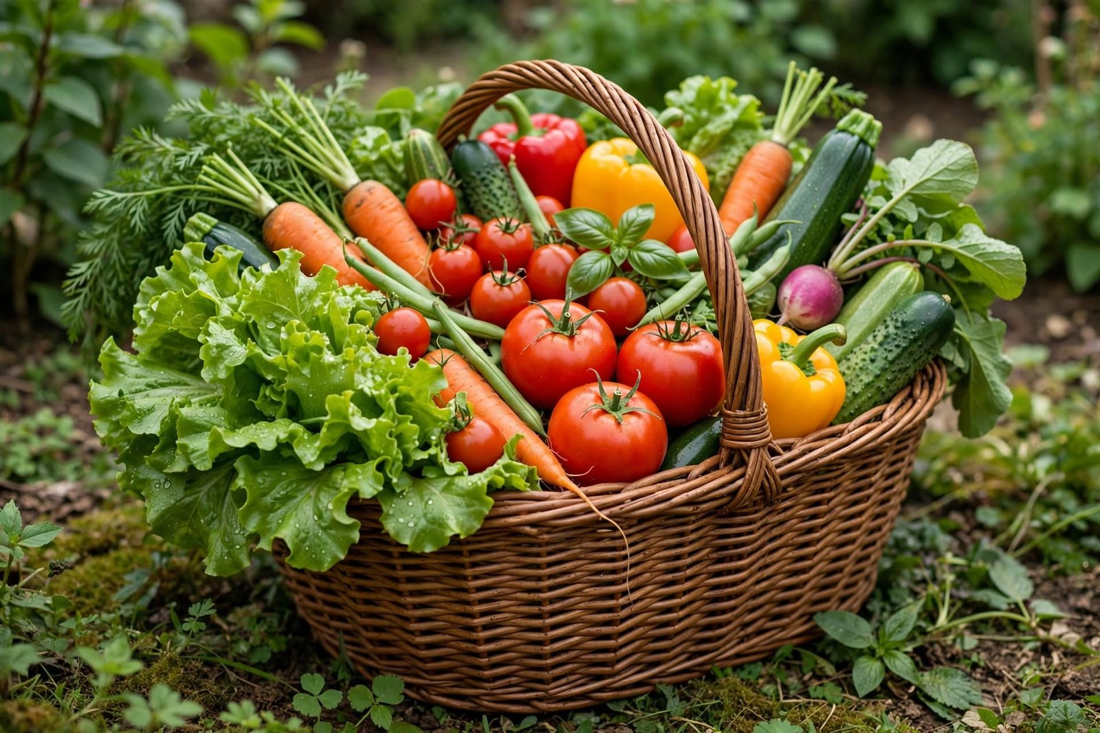 Wicker basket filled with fresh vegetables